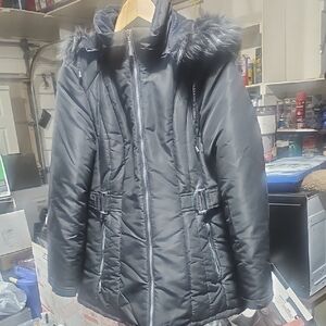 Liz Claiborne Dark Puffer Coat with Faux Fur Hood